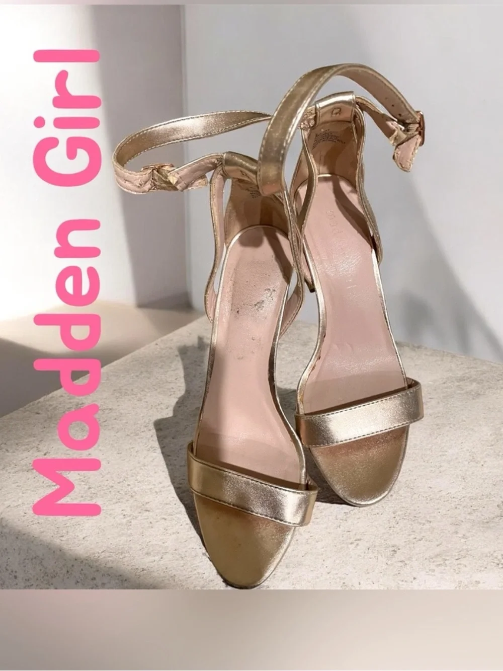 Madden Girl Metallic Rose Gold Ankle-Strap 4”Heels *flaw have inside peeling